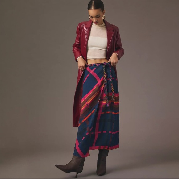 Farm Rio x Anthropologie Plaid Wrap Skirt Tie Waist Linen Blend Size Small - Picture 4 of 12